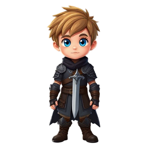 a young boy messy light brown hair and bright blue eyes, he is wearing a dark leather warrior armour and has a sword and shiled