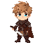 a young boy messy light brown hair and bright blue eyes, he is wearing a dark leather warrior armour and has a sword and shiled sprite