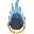 pendant, gold chain, same shape and proportions as the reference, glowing golden loop on top, dark stone base carved in front, subtle blue flames rising around it.