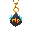 pendant, gold chain, same shape and proportions as the reference, glowing golden loop on top, dark stone base with “rip” carved in front, subtle blue flames rising around it.