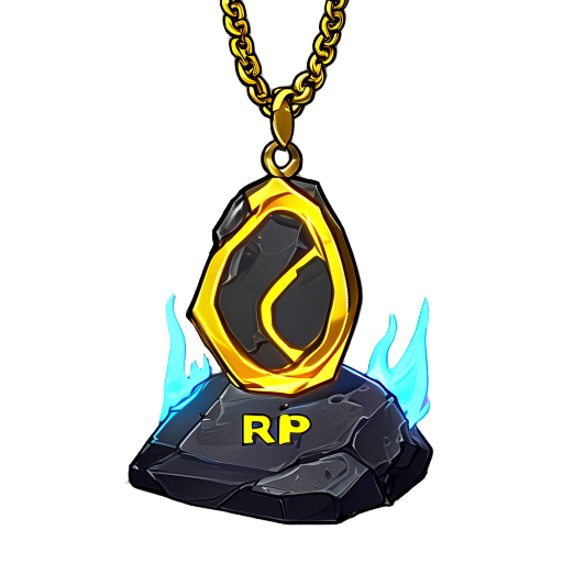 pendant, gold chain, same shape and proportions as the reference, glowing golden loop on top, dark stone base with “rip” carved in front, subtle blue flames rising around it.
