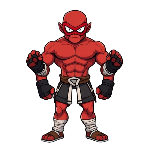 red-skinned fighter, muscular physique, mma gloves, bandages on hands and feet, red mask with white eyes 