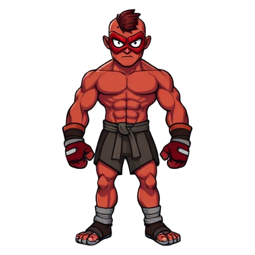 red-skinned fighter, muscular physique, mma gloves, bandages on hands and feet, red mask with white eyes 