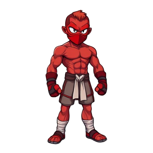 red-skinned fighter, muscular physique, mma gloves, bandages on hands and feet, red mask with white eyes 