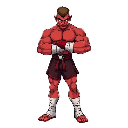 red-skinned fighter, muscular physique, mma gloves, bandages on hands and feet