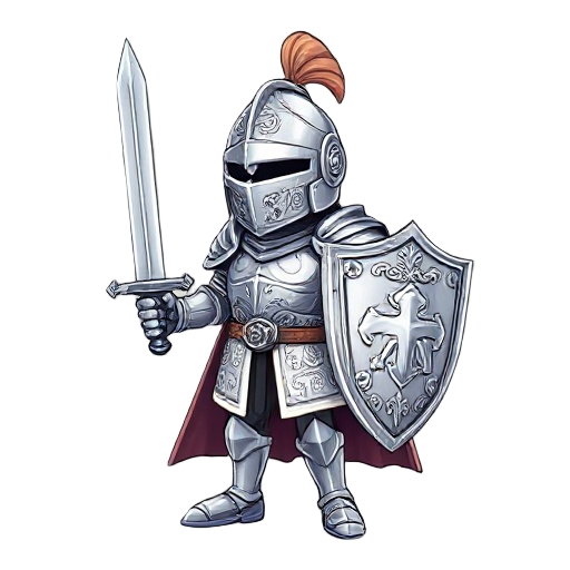 create a stylized cartoon knight character wearing polished silver plate armor with detailed engravings. the knight should hold a longsword in one hand and a decorated shield in the other. include a helmet with a narrow visor and a plume crest. the armor 