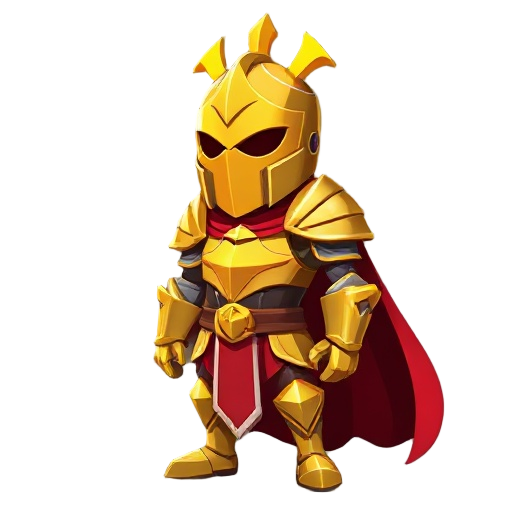 a tall  knight with golden mask , golden armor and red cape