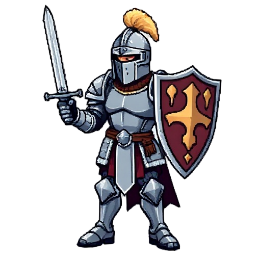 create a detailed 16-bit pixel-art sprite of a medieval knight. the knight should stand in a heroic pose, wearing steel armor with visible highlights and shadows. include a helmet with a plume, a chest plate, shoulder pads, gauntlets, and iron boots. he h