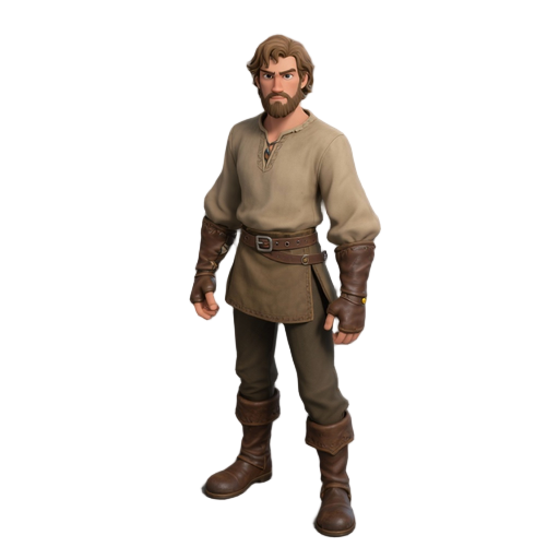 male medieval peasant, full-body, simple commoner outfit: leather boots, shirt, pants, belt, no gloves. medium hair, clean-shaven beard. earth-tone fabrics, rustic look, realistic proportions, rpg vibe, natural light. neg: no armor, no royal clothes, no s