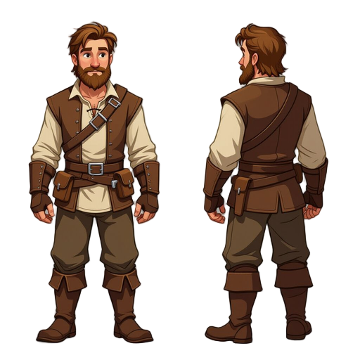 male medieval peasant, full-body, simple commoner outfit: leather boots, shirt, pants, belt, no gloves. medium hair, clean-shaven beard. earth-tone fabrics, rustic look, realistic proportions, rpg vibe, natural light. neg: no armor, no royal clothes, no s