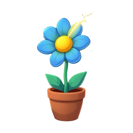 a flower or plant with an electricity/lightening theme and lightening shaped stem. blue/yellow color scheme. make the flower in a terracotta pot.