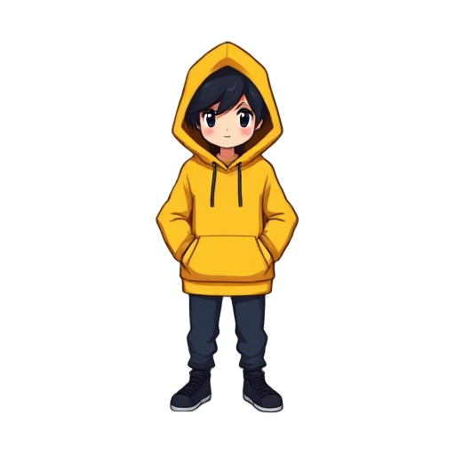 pixel-art 2d  sprite: same character with big yellow hoodie, black hair inside hood, simple face with only eyes, dark blue pants and dark shoes. keep exact colors, style, and proportions. transparent background.