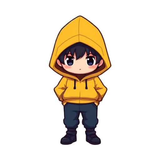 pixel-art 2d chibi sprite: same character with big yellow hoodie, black hair inside hood, simple face with only eyes, dark blue pants and dark shoes. keep exact colors, style, and proportions. transparent background.