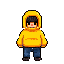 pixel-art 2d  sprite: same character with big yellow hoodie, black hair inside hood, simple face with only eyes, dark blue pants and dark shoes. keep exact colors, style, and proportions. transparent background.