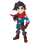 a dynamic 2d fantasy hero with blue tunic, brown boots, glowing turquoise emblem, windswept dark hair, teal eyes, leather gloves, light armor, red scarf, confident pose, clean lineart, vibrant colors, soft shading, expressive face, game-ready design.