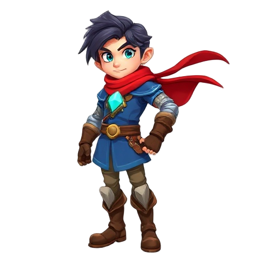 a dynamic 2d fantasy hero with blue tunic, brown boots, glowing turquoise emblem, windswept dark hair, teal eyes, leather gloves, light armor, red scarf, confident pose, clean lineart, vibrant colors, soft shading, expressive face, game-ready design.