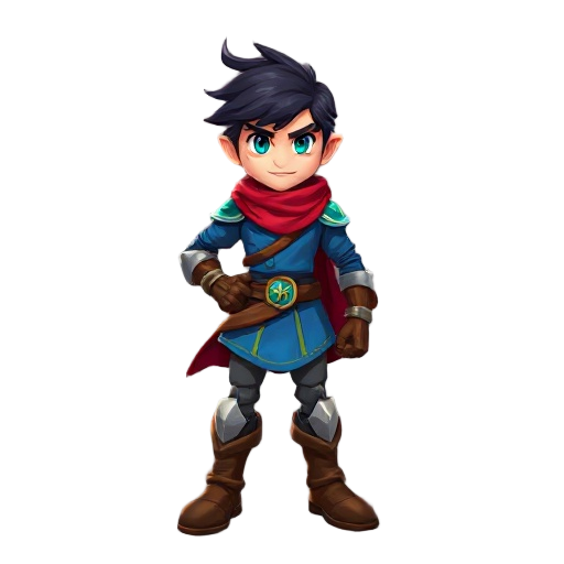 a dynamic 2d fantasy hero with blue tunic, brown boots, glowing turquoise emblem, windswept dark hair, teal eyes, leather gloves, light armor, red scarf, confident pose, clean lineart, vibrant colors, soft shading, expressive face, game-ready design.