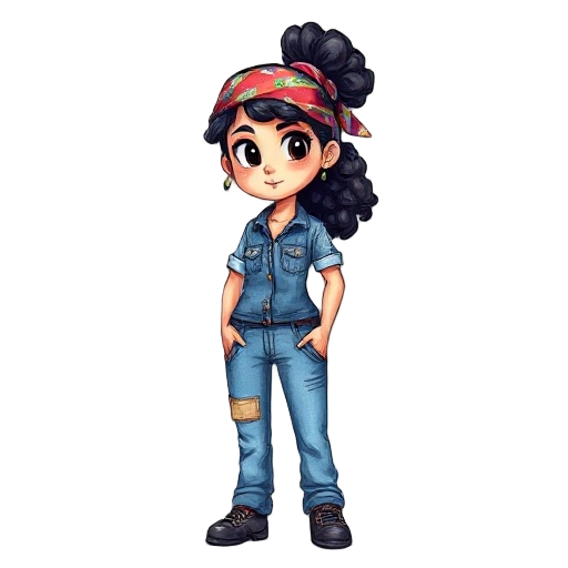 2d game sprite, hand-drawn illustration style, watercolor texture, vibrant cuban color palette, visible brushstrokes, isolated on transparent background. a full-body view of lia, a young cuban female mechanic standing idle. she has curly dark hair tied up