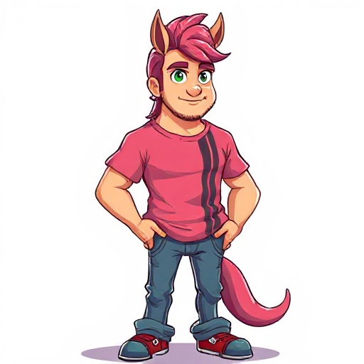 homem, cabelo rosa, rabo de cavalo, italiano, camiseta rosa com listras pretas na vertical, rasgo na camisa, calças jeans, olhos verdes,pixel arte