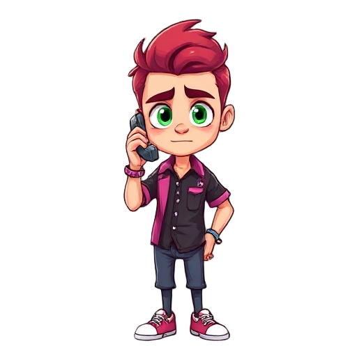  "crie doppio com cabelo roxo curto e franja. olhos verdes expressivos. camisa preta com linhas verticais rosa e jaqueta rosa claro. inclua brincos pontiagudos. mostre ele em postura de ação, talvez falando ao telefone imaginário, com contraste nos detalh