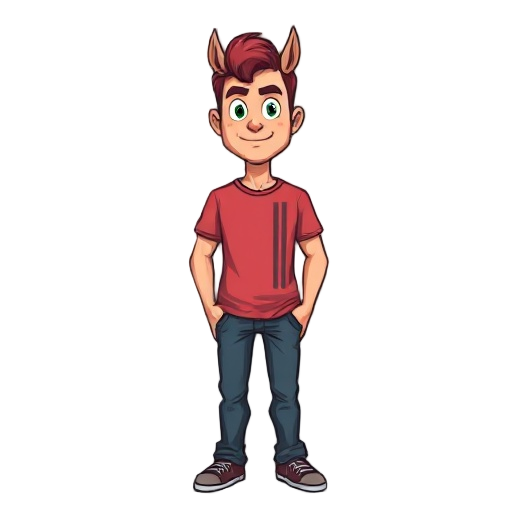 homem, cabelo rosa, rabo de cavalo, italiano, camiseta rosa com listras pretas na vertical, rasgo na camisa, calças jeans, olhos verdes,pixel arte
