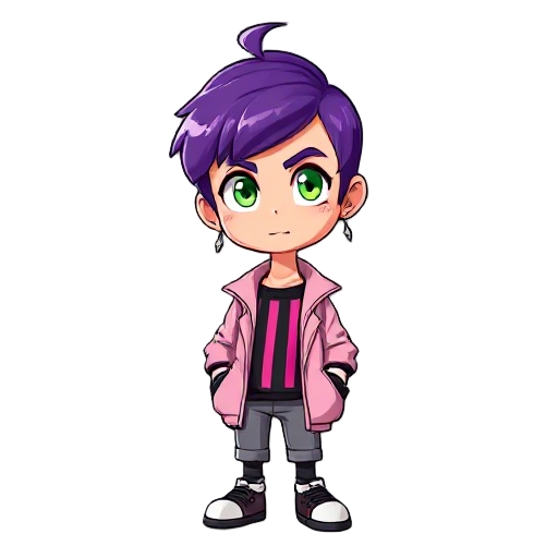  "create doppio with short purple hair and bangs. expressive green eyes. black shirt with pink vertical stripes and light pink jacket. include pointed earrings. show him in an action pose, perhaps f