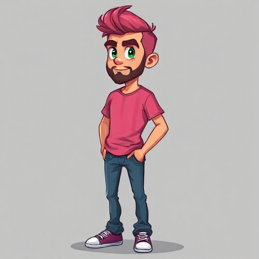 homem, cabelo rosa, italiano, camiseta rosa com listras pretas na vertical, rasgo na camisa, calças jeans, olhos verdes,pixel arte