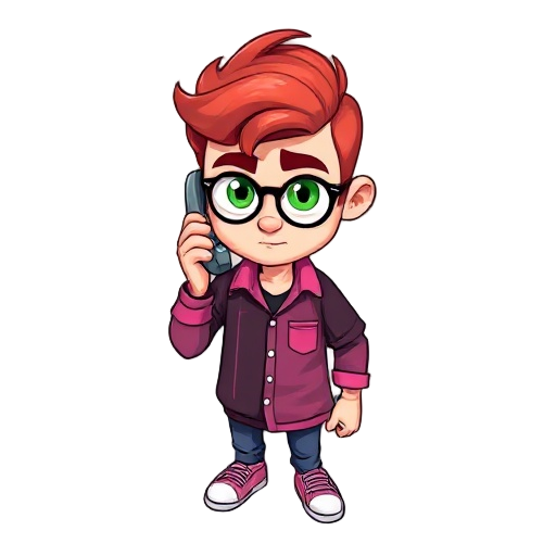  "crie doppio com cabelo roxo curto e franja. olhos verdes expressivos. camisa preta com linhas verticais rosa e jaqueta rosa claro. inclua brincos pontiagudos. mostre ele em postura de ação, talvez falando ao telefone imaginário, com contraste nos detalh