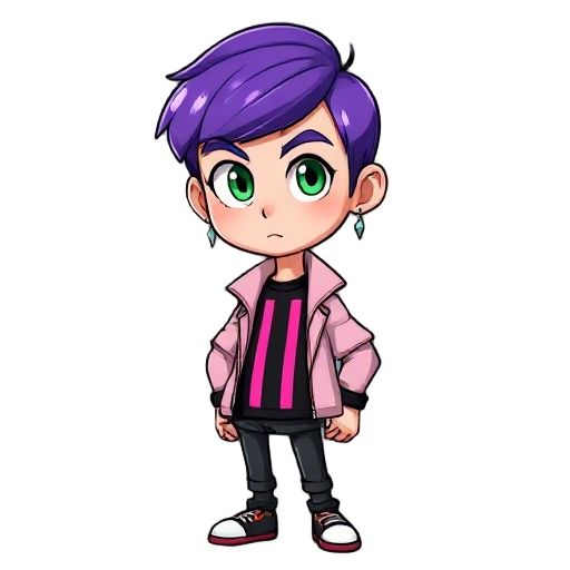  "create doppio with short purple hair and bangs. expressive green eyes. black shirt with pink vertical stripes and light pink jacket. include pointed earrings. show him in an action pose, perhaps f