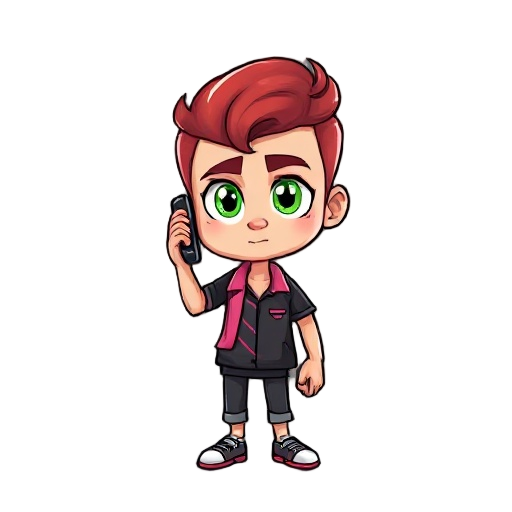  "crie doppio com cabelo roxo curto e franja. olhos verdes expressivos. camisa preta com linhas verticais rosa e jaqueta rosa claro. inclua brincos pontiagudos. mostre ele em postura de ação, talvez falando ao telefone imaginário, com contraste nos detalh
