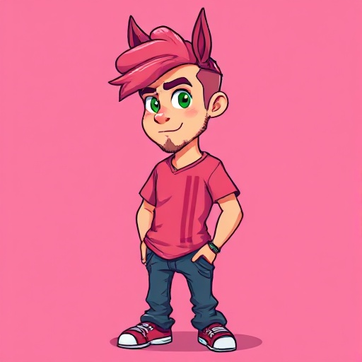 homem, cabelo rosa com rabo de cavalo, italiano, camiseta rosa com listras pretas na vertical, rasgo na camisa, calças jeans, olhos verdes,pixel arte
