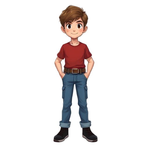 young boy, brown hair, red shirt, belt, blue jeans, black shoes