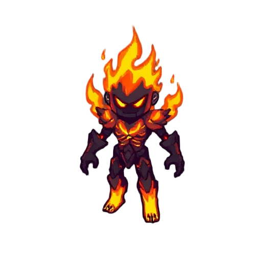 create an original pixel-art ‘flame titan’ character that is not based on any existing franchise, anime, movie, manga, or game. design must be completely unique and fully copyright-safe. the titan should be a small stylized humanoid made of glowing magma 