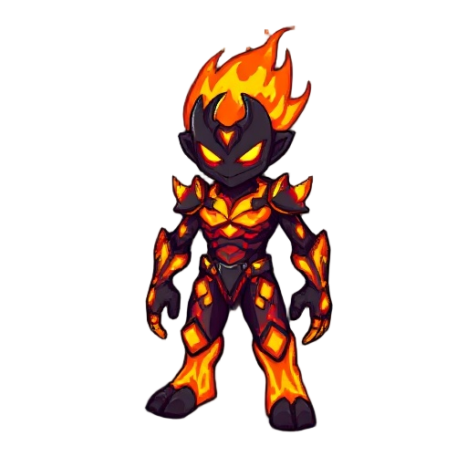 create an original pixel-art ‘flame titan’ character that is not based on any existing franchise, anime, movie, manga, or game. design must be completely unique and fully copyright-safe. the titan should be a small stylized humanoid made of glowing magma 