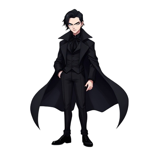 a character portrait for a void leash rpg, depicting vlad, a vampire. he has raven black hair and very pale skin. he wears a stylish, long black overcoat, a crisp black dress shirt, black trousers, and polished black dress shoes. his expression is aristoc