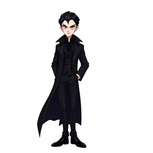 a character portrait for a void leash rpg, depicting vlad, a vampire. he has raven black hair and very pale skin. he wears a stylish, long black overcoat, a crisp black dress shirt, black trousers, and polished black dress shoes. his expression is aristoc