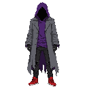 dark fantasy ethereal figure with ragged purple robes under a gray western frock coat. has black oversized jeans and red basketball shoes. modern clothing. wears a ragged purple hood. somber, mysterious look. head shrouded in darkness. not human. facing f