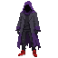 dark fantasy ethereal figure with ragged purple robes under a dark gray western frock coat. has black oversized jeans and red basketball shoes. modern clothing. wears a ragged purple hood. somber, mysterious look. head shrouded in darkness. not human. fac