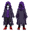dark fantasy ethereal figure with ragged purple robes under a dark gray western frock coat. has black oversized jeans and red basketball shoes. modern clothing. wears a ragged purple hood. somber, mysterious look. head shrouded in darkness. not human. fac