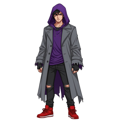 dark fantasy ethereal figure with ragged purple robes under a gray western frock coat. has black oversized jeans and red basketball shoes. modern clothing. wears a ragged purple hood.