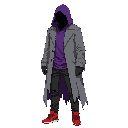 dark fantasy ethereal figure with ragged purple robes under a gray western frock coat. has black oversized jeans and red basketball shoes. modern clothing. wears a ragged purple hood. somber, mysterious look. head shrouded in darkness. not human.