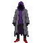 dark fantasy ethereal figure with ragged purple robes under a gray western frock coat. has black oversized jeans and red basketball shoes. modern clothing. wears a ragged purple hood. somber, mysterious look. head shrouded in darkness. not human.