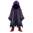 dark fantasy ethereal figure with ragged purple robes under a dark gray western frock coat. has black oversized jeans and red basketball shoes. modern clothing. wears a ragged purple hood. somber, mysterious look. head shrouded in darkness. not human. fac
