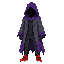 dark fantasy ethereal figure with ragged purple robes under a dark gray western frock coat. has black oversized jeans and red basketball shoes. modern clothing. wears a ragged purple hood. somber, mysterious look. head shrouded in darkness. not human. fac