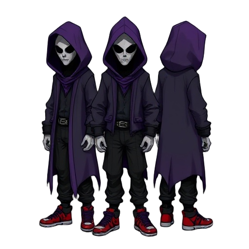 dark fantasy ethereal figure with ragged purple robes under a dark gray western frock coat. has black oversized jeans and red basketball shoes. modern clothing. wears a ragged purple hood. somber, mysterious look. head shrouded in darkness. not human. fac