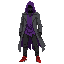 dark fantasy ethereal figure with ragged purple long shirt under a dark gray western frock coat. has black oversized jeans and red basketball shoes. modern clothing. wears a ragged purple hood. somber, mysterious look. pitch black face. soul eater. facing