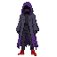 dark fantasy ethereal figure with ragged purple robes under a dark gray western frock coat. has black oversized jeans and red basketball shoes. modern clothing. wears a ragged purple hood. somber, mysterious look. pitch black face. soul eater. facing forw