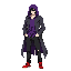 dark fantasy ethereal figure with ragged purple long shirt under a dark gray western frock coat. has black oversized jeans and red basketball shoes. modern clothing. wears a ragged purple hood. somber, mysterious look. soul eater. facing forward. 1:5 prop