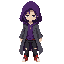 dark fantasy ethereal figure with ragged purple long shirt under a dark gray western frock coat. has black oversized jeans and red basketball shoes. modern clothing. wears a ragged purple hood. somber, mysterious look. soul eater. facing forward. 1:5 chib