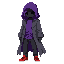 dark fantasy ethereal figure with ragged purple long shirt under a dark gray western frock coat. has black oversized jeans and red basketball shoes. modern clothing. wears a ragged purple hood. somber, mysterious look. pitch black face. soul eater. facing
